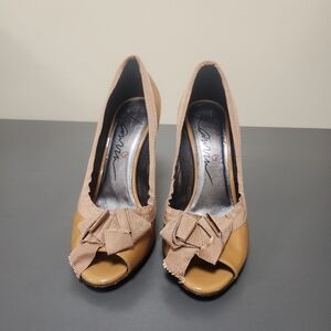 LANVIN Patent Leather Peep Toe With Ribbon Pumps, Sz 37.5